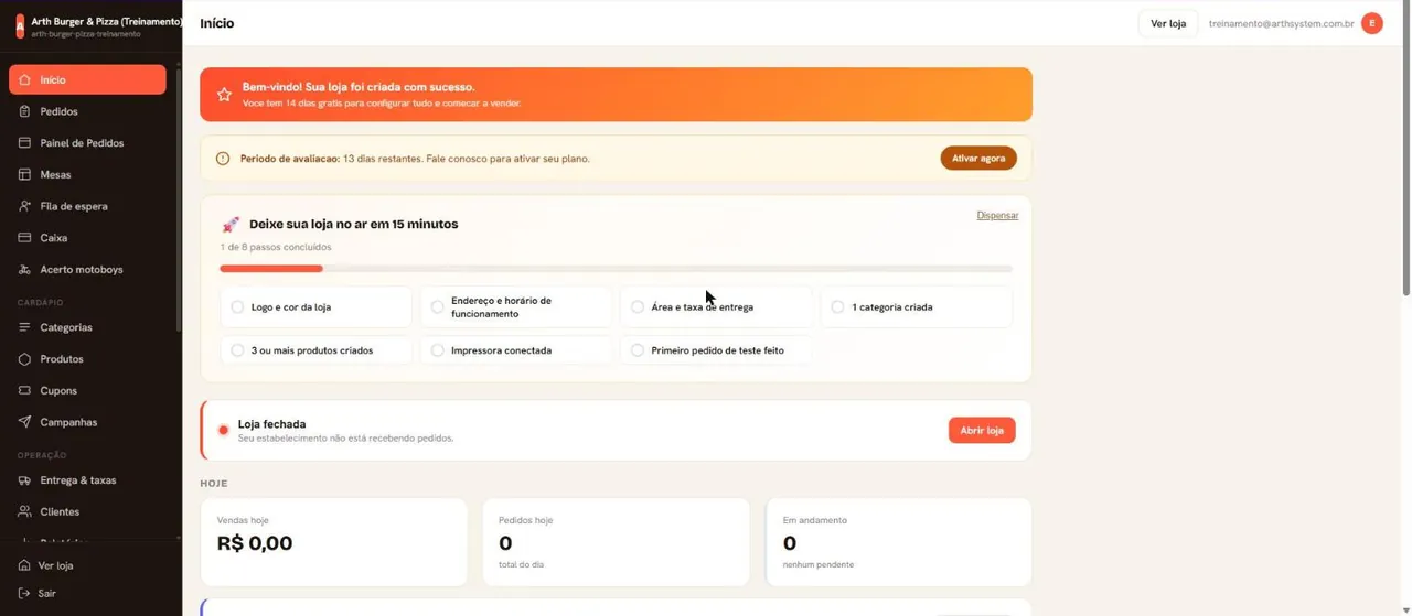 Painel no primeiro acesso