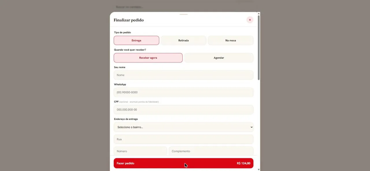 Tipo de pedido e dados