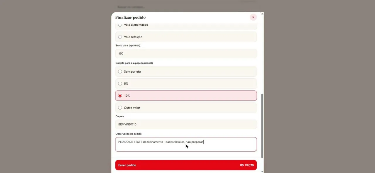 Gorjeta, cupom e observação