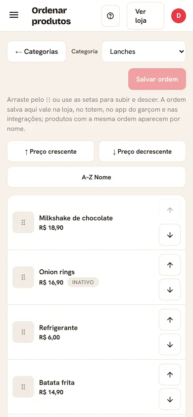 Ordenar produtos no celular