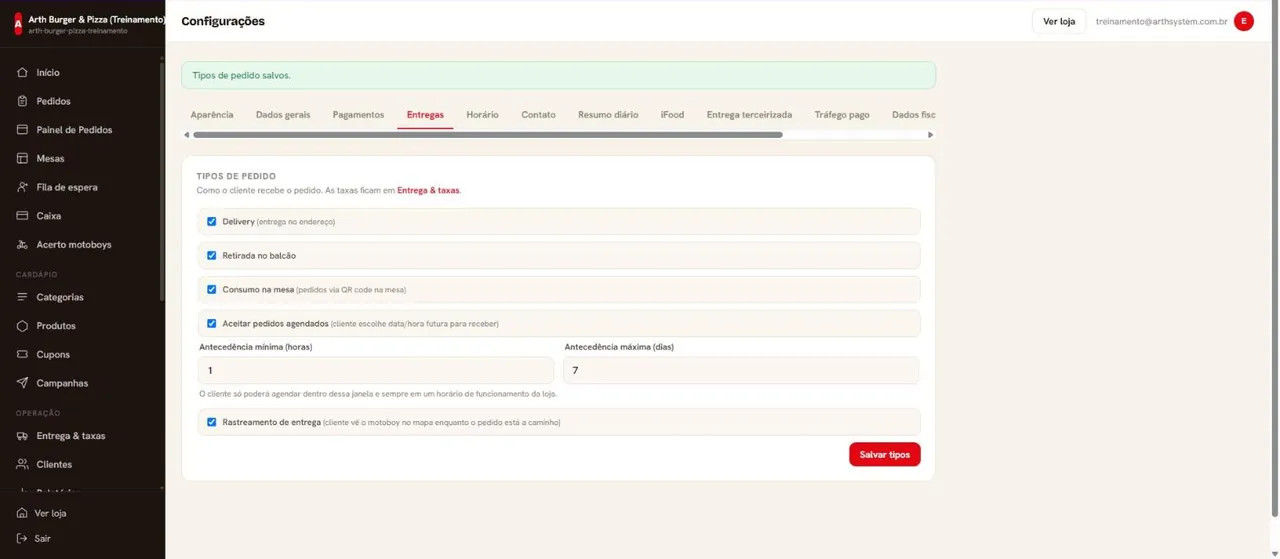 Tipos de pedido salvos