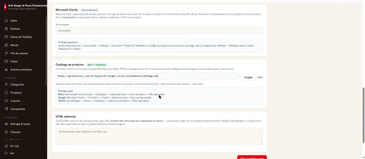 Catálogo e HTML adicional