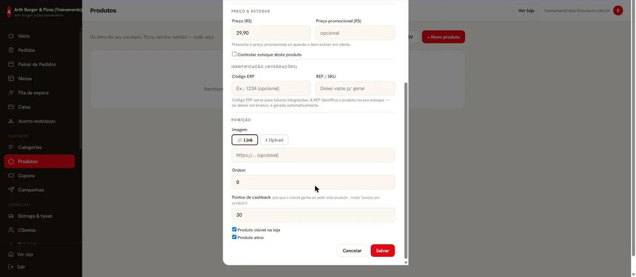 Exibição e cashback