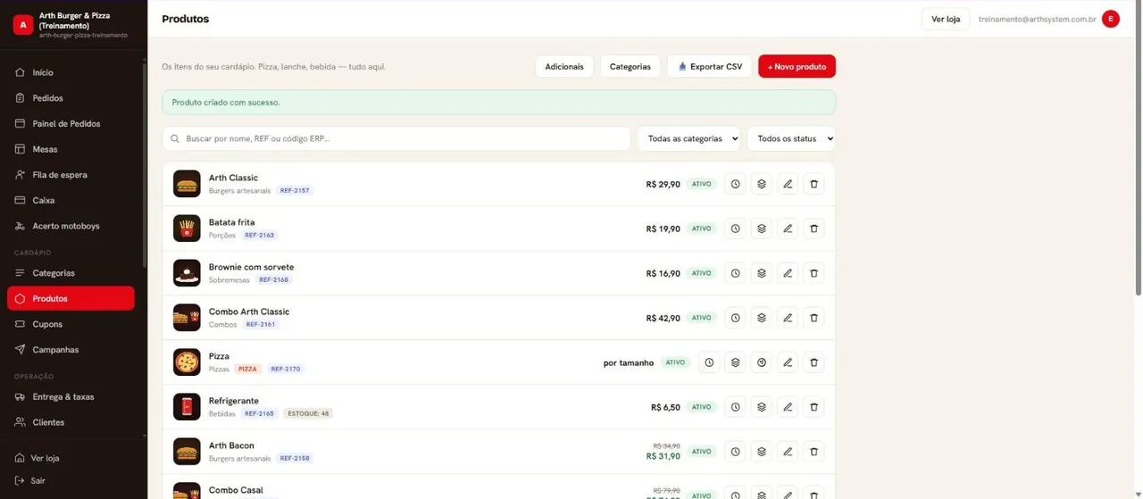 Pizza na lista de produtos