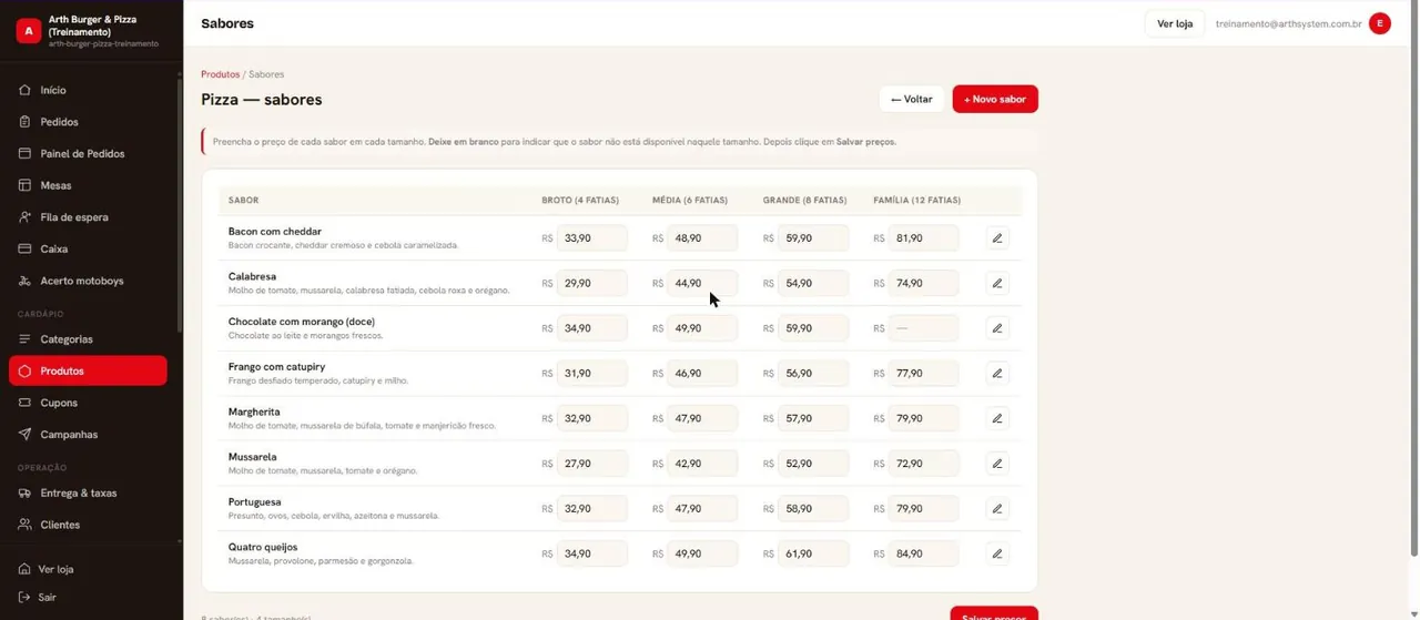 Grade de preços preenchida