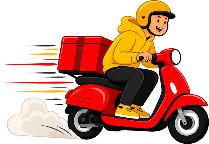 Mascote do GRV Delivery: entregador de scooter vermelha a caminho com o pedido